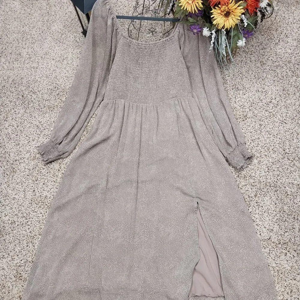 3119 Size 1X Sheer Lined Dress In Tan with Cream Dot with Elastic Runching Top. - Picture 2 of 7